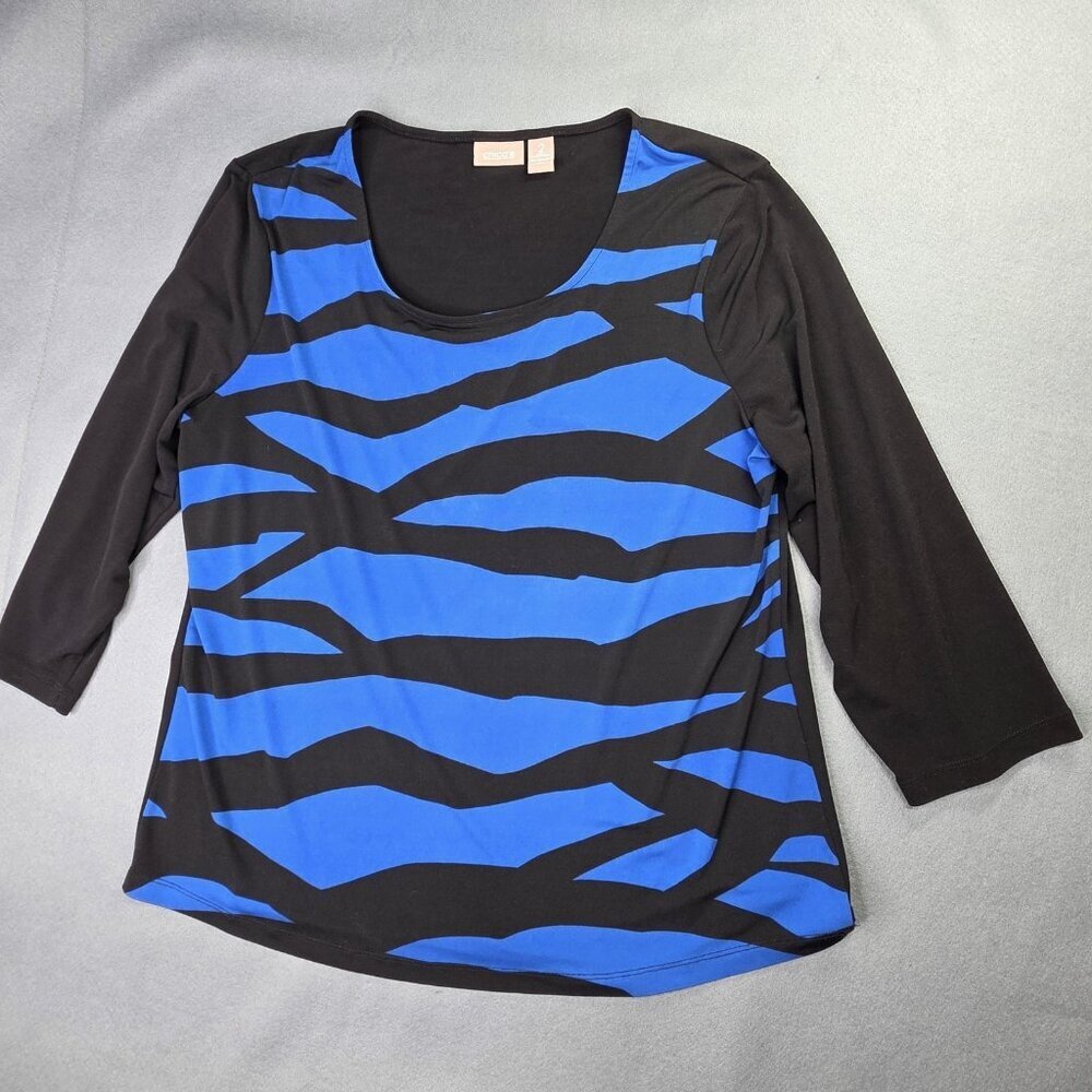 Chicos Shirt Womens 2 Large Blue Black Zebra Stripe Print Stretch 3/4 Sleeve Top